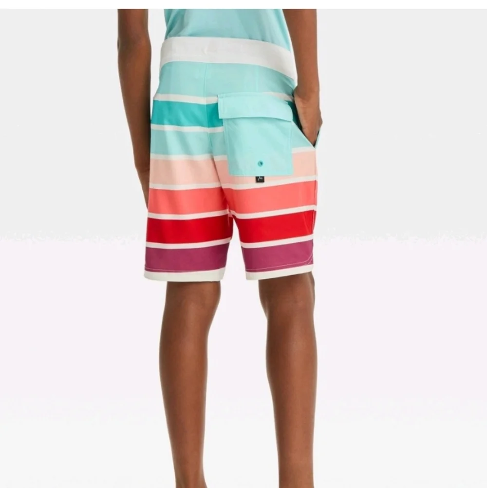 Boys' Striped Swim Shorts -art class Green/Red UPF50+, Adjustable Waistband 8
